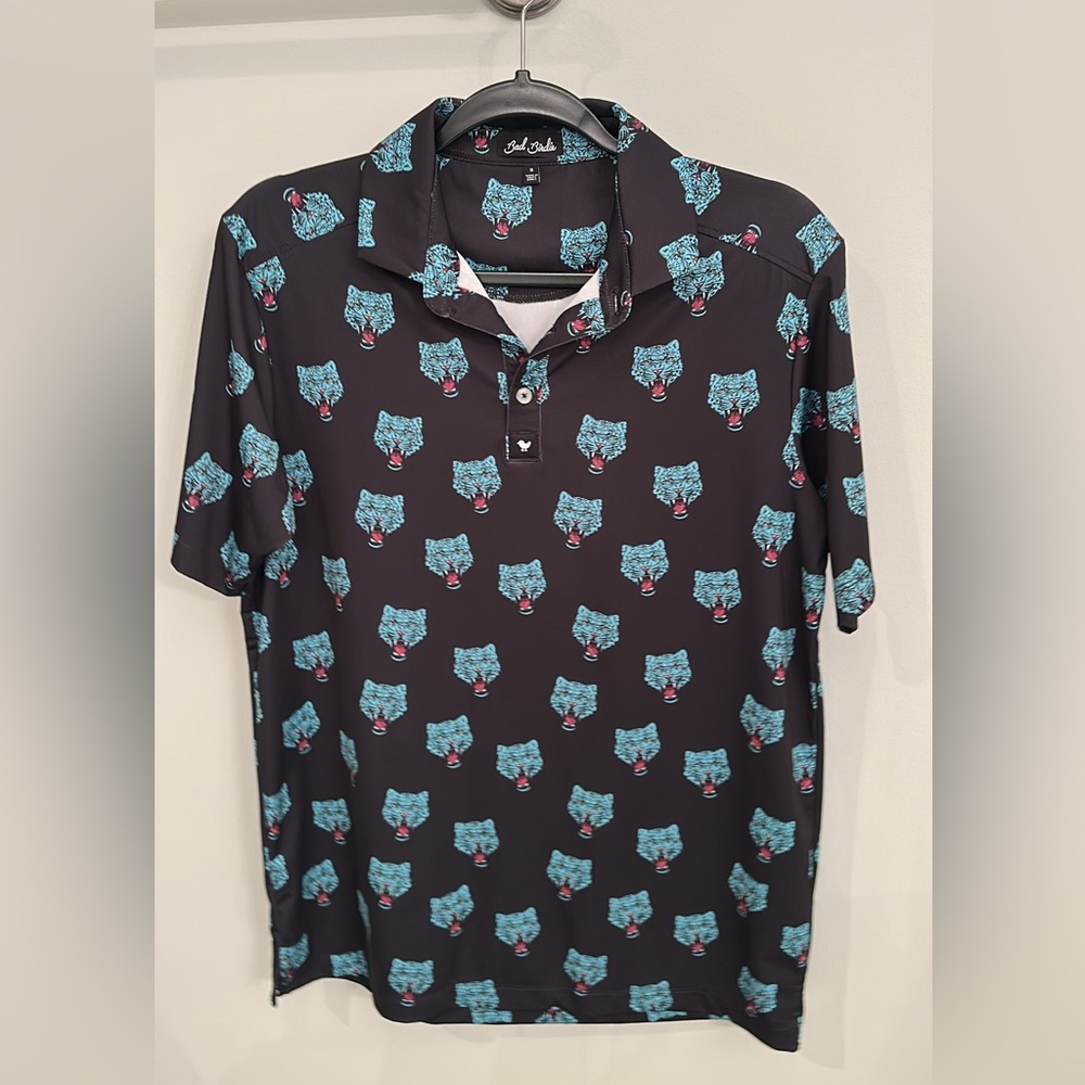 Bad Birdie Black Polo with Blue Wolf Pattern
